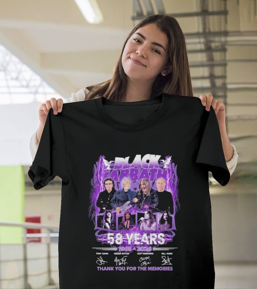 Black Sabbath 58 Years 1968 2026 Tony Iommi Geezer Butler Ozzy Osbourne Bill Ward Thank You For The Memories T-Shirt