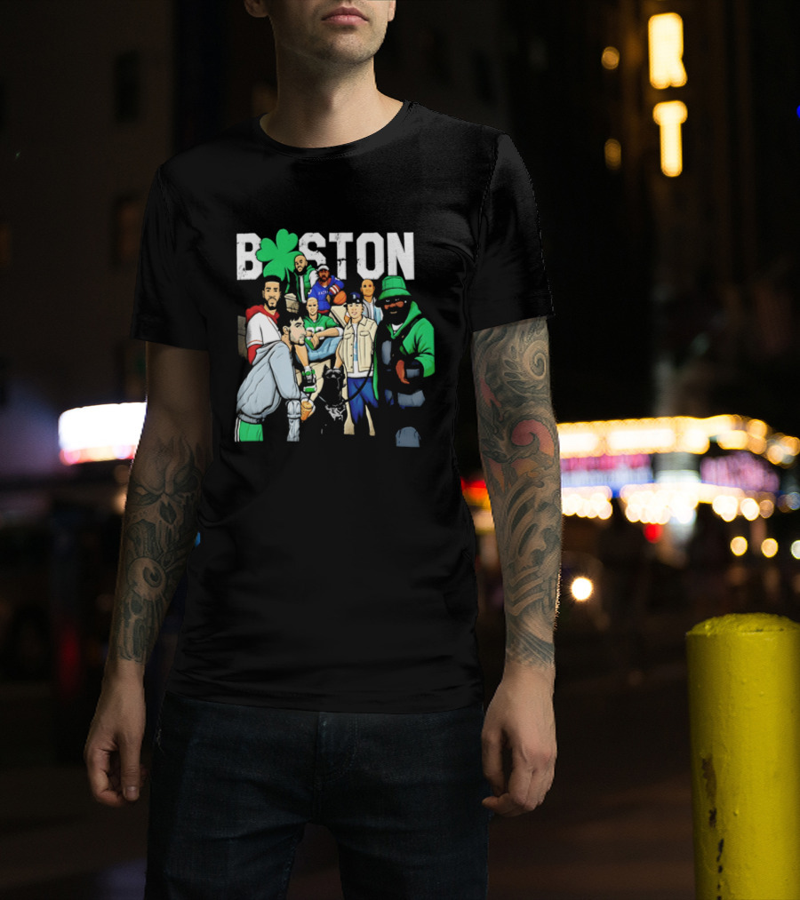 Boston Celtics Patriots Players With Shamrock And Boston T-Shirt