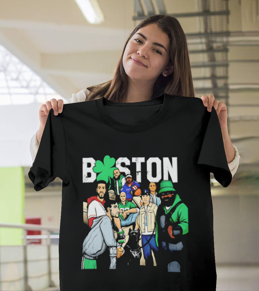 Boston Celtics Patriots Players With Shamrock And Boston T-Shirt