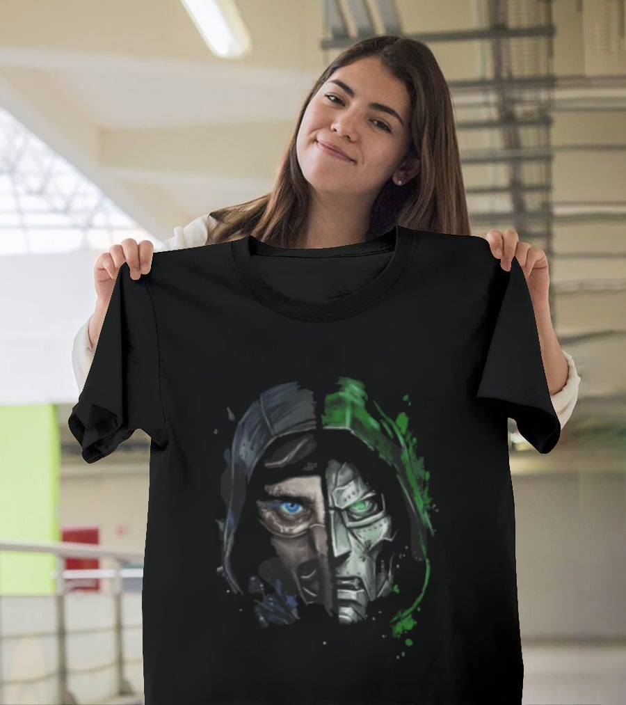 Doctor Doom Sub Zero Split Face Hooded Mask Paint Splatter T-Shirt
