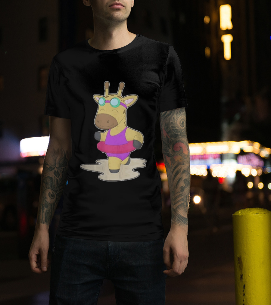 Giraffe Wearing Pink Swimsuit And Goggles With Inflatable Float Summer Fun T-Shirt