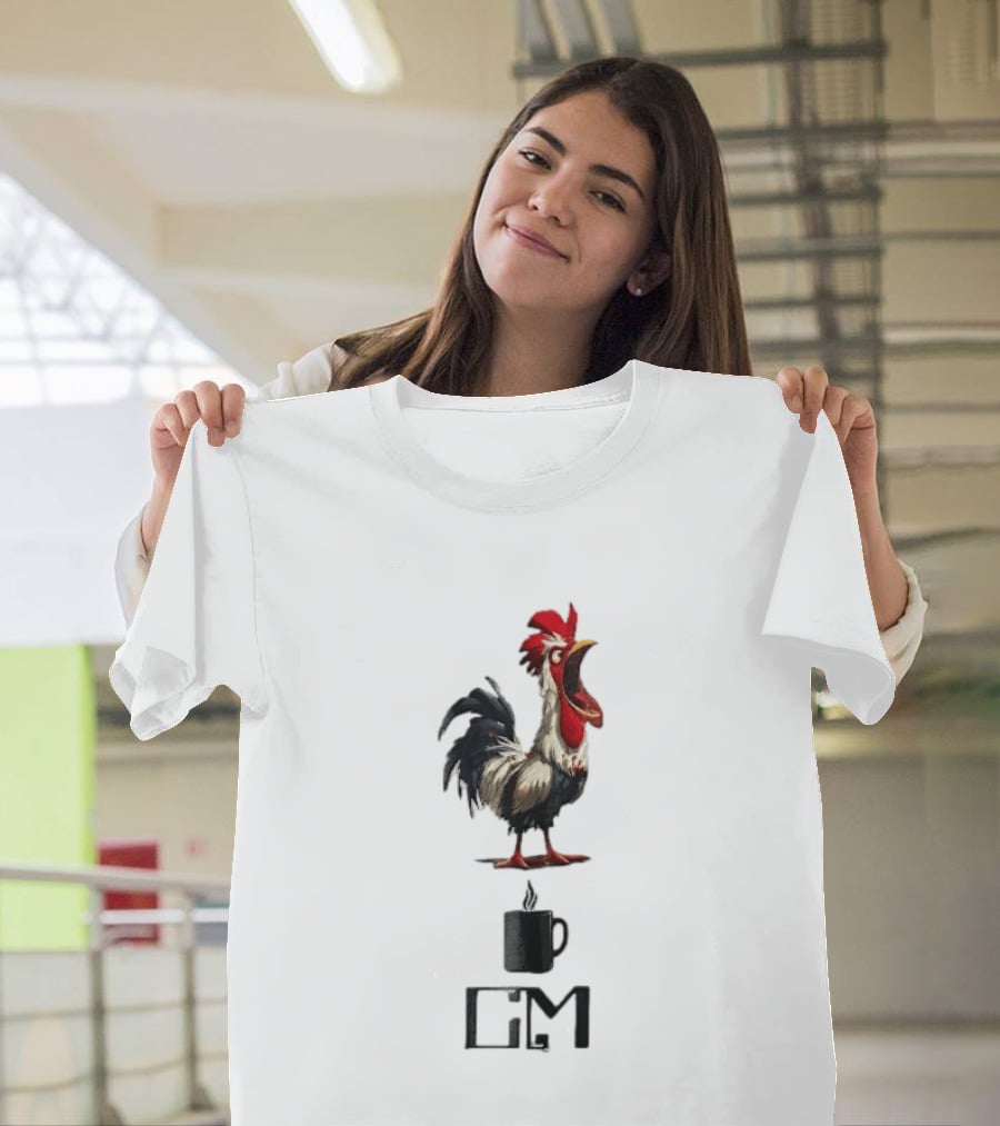 GM Cartoon Crowing Rooster Steaming Black Coffee T-Shirt