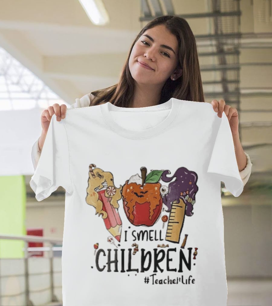I Smell Children Teacherlife Sanderson Sisters Halloween Pencil Apple Ruler Cartoon T-Shirt