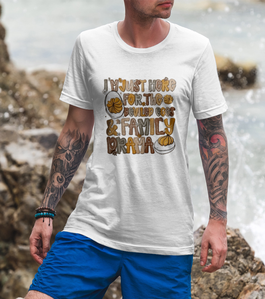I'm Just Here For The Deviled Eggs And Family Drama Groovy Autumn Leaves T-Shirt