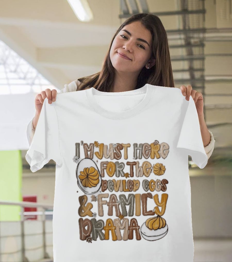I'm Just Here For The Deviled Eggs And Family Drama Groovy Autumn Leaves T-Shirt
