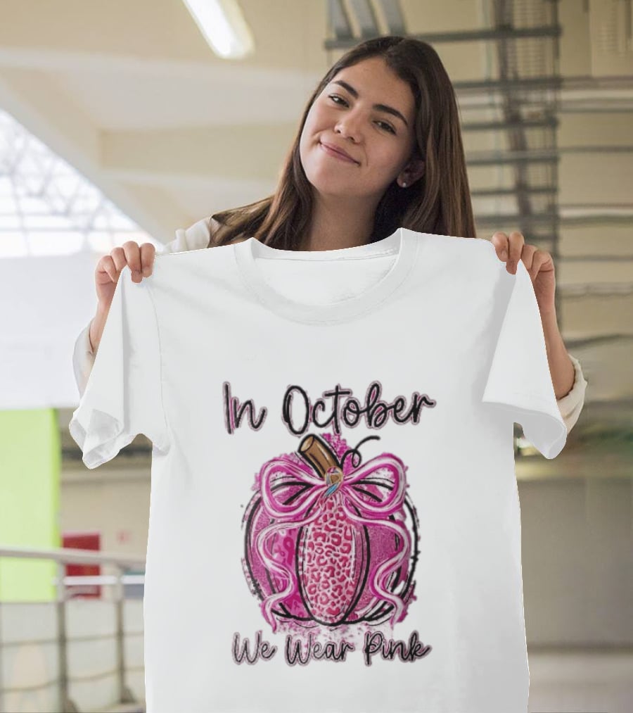 In October We Wear Pink Leopard Pumpkin Breast Cancer Ribbon Bow T-Shirt