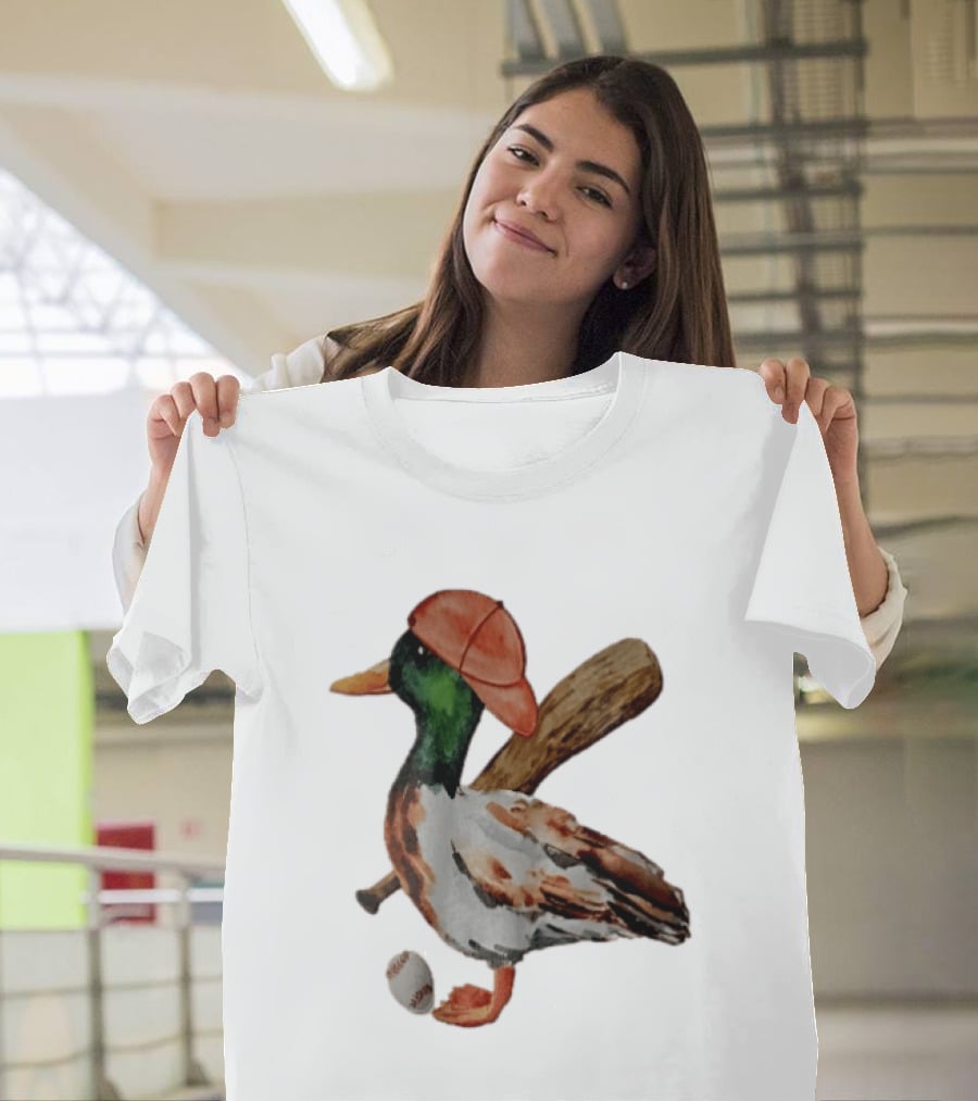 Mallard Duck Baseball Player Red Cap Wooden Bat Watercolor Mallard T-Shirt