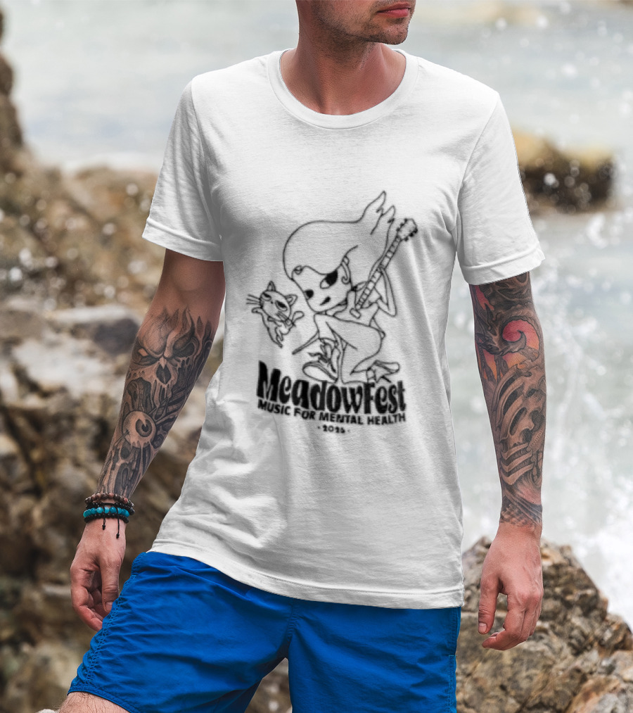 Meadowfest Dancing Cat Line Guitarist For Music And Mental Health T-Shirt