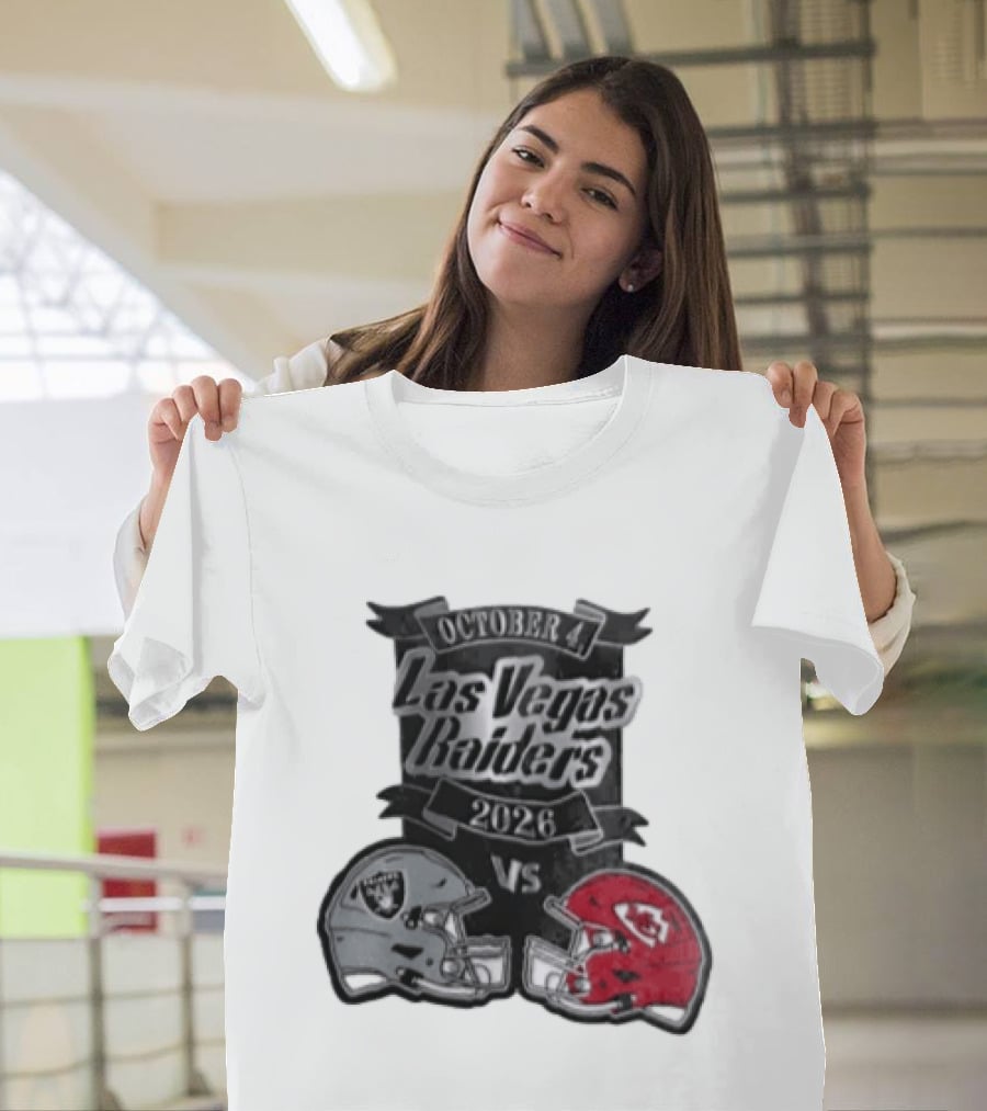 Las Vegas Raiders Vs 2026 October 4 Red Silver Opposing Football Helmets T-Shirt
