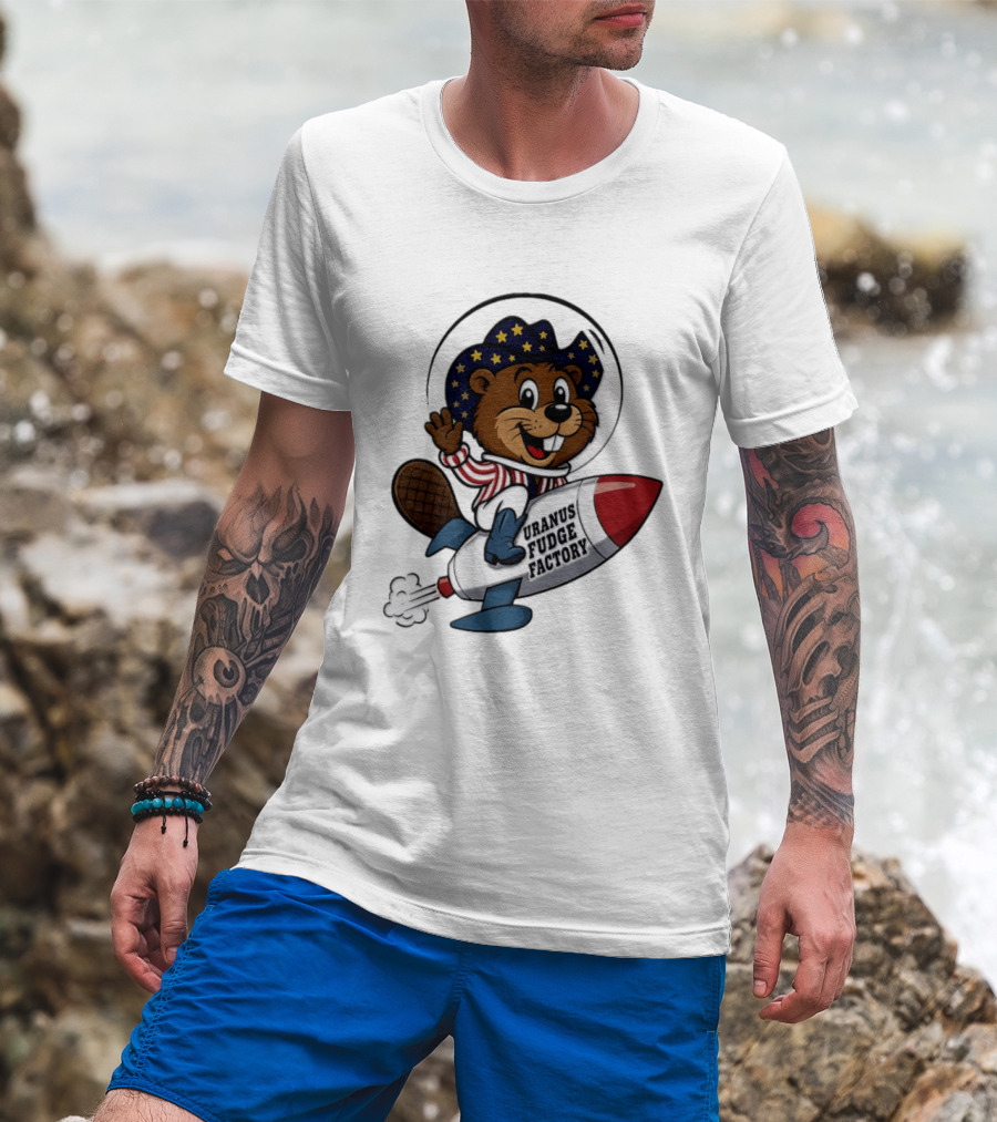 Uranus Fudge Factory Patriotic Beaver Riding Rocket T-Shirt