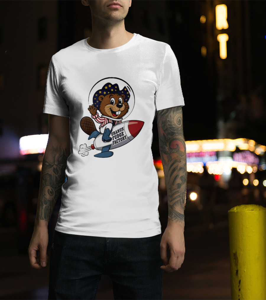 Uranus Fudge Factory Patriotic Beaver Riding Rocket T-Shirt