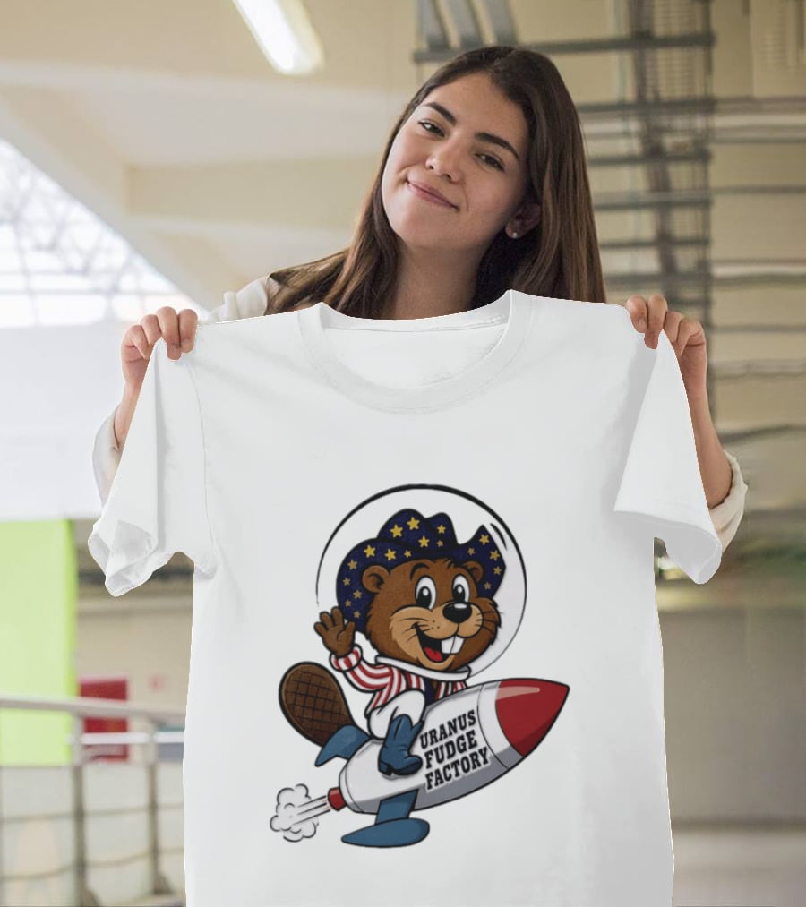 Uranus Fudge Factory Patriotic Beaver Riding Rocket T-Shirt