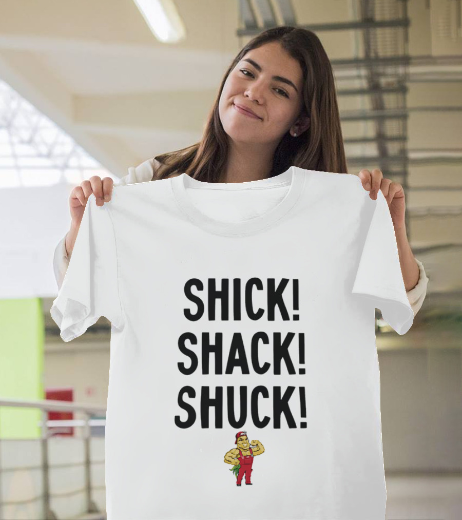 SHICK SHACK SHUCK Strongman Red Overalls Cartoon T-Shirt