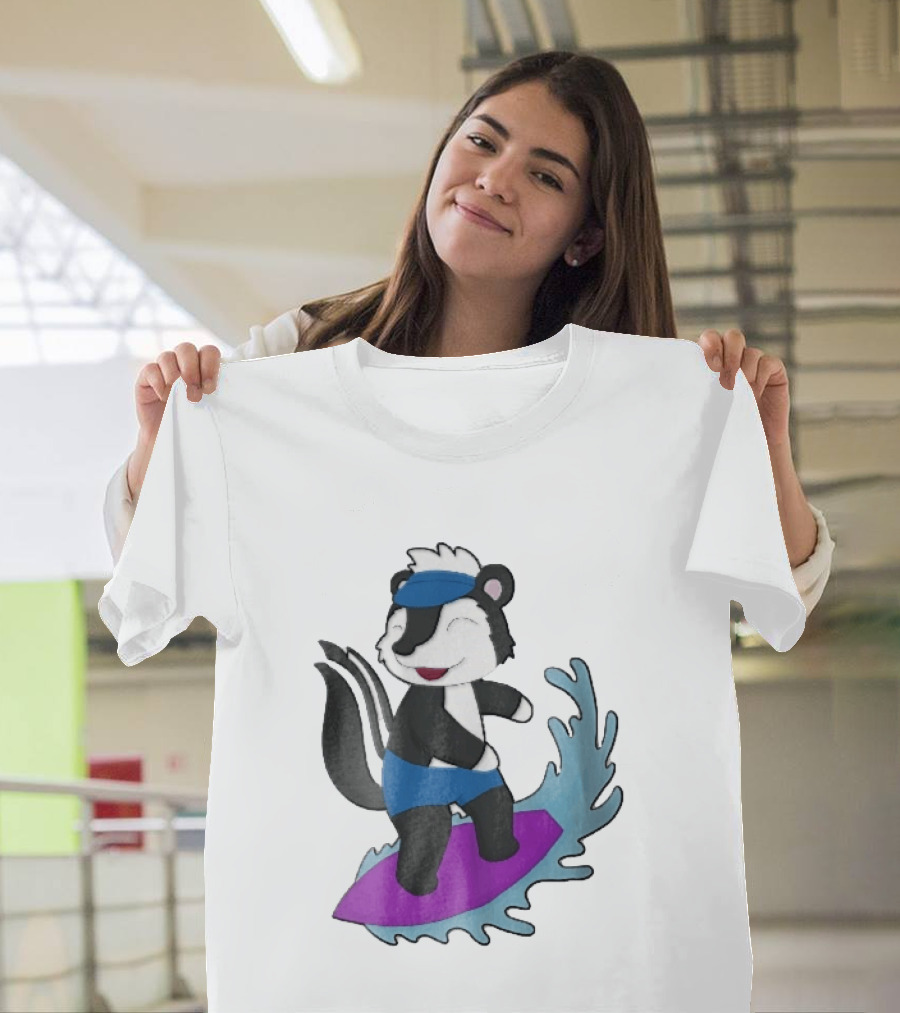 Skunk Surfing Cartoon On Purple Surfboard With Blue Waves And Summer Vibes T-Shirt