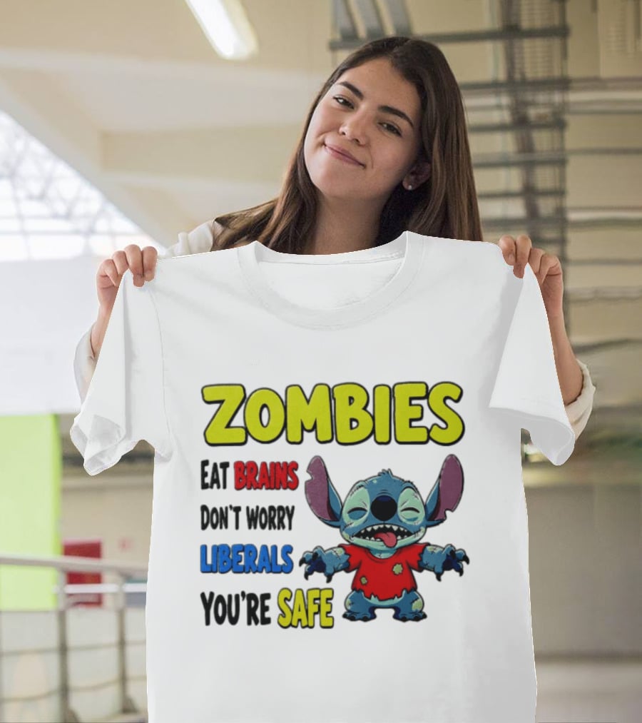 Zombies Eat Brains Don't Worry Liberals You're Safe Stitch Cartoon Creature Stitched Red T-Shirt