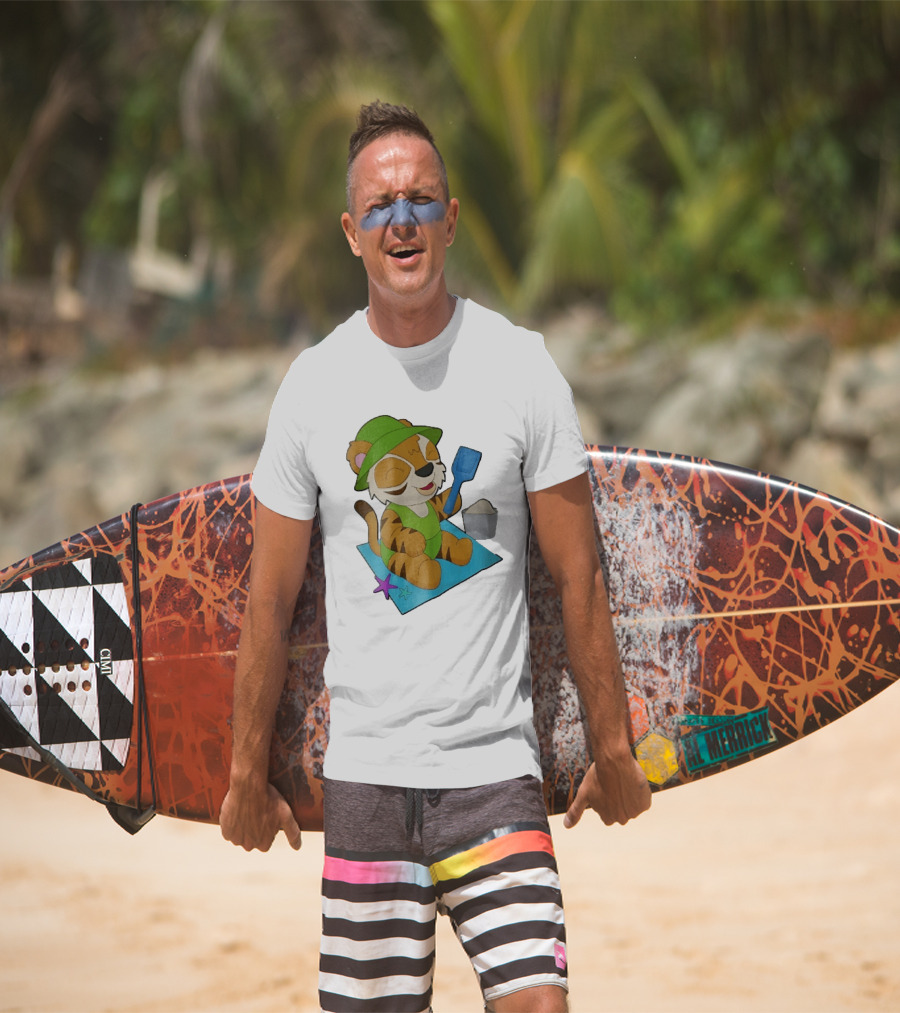 Playful Tiger Beach Sand Adventure Summer Scene T-Shirt