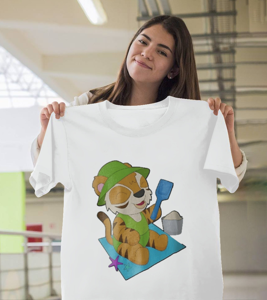 Playful Tiger Beach Sand Adventure Summer Scene T-Shirt