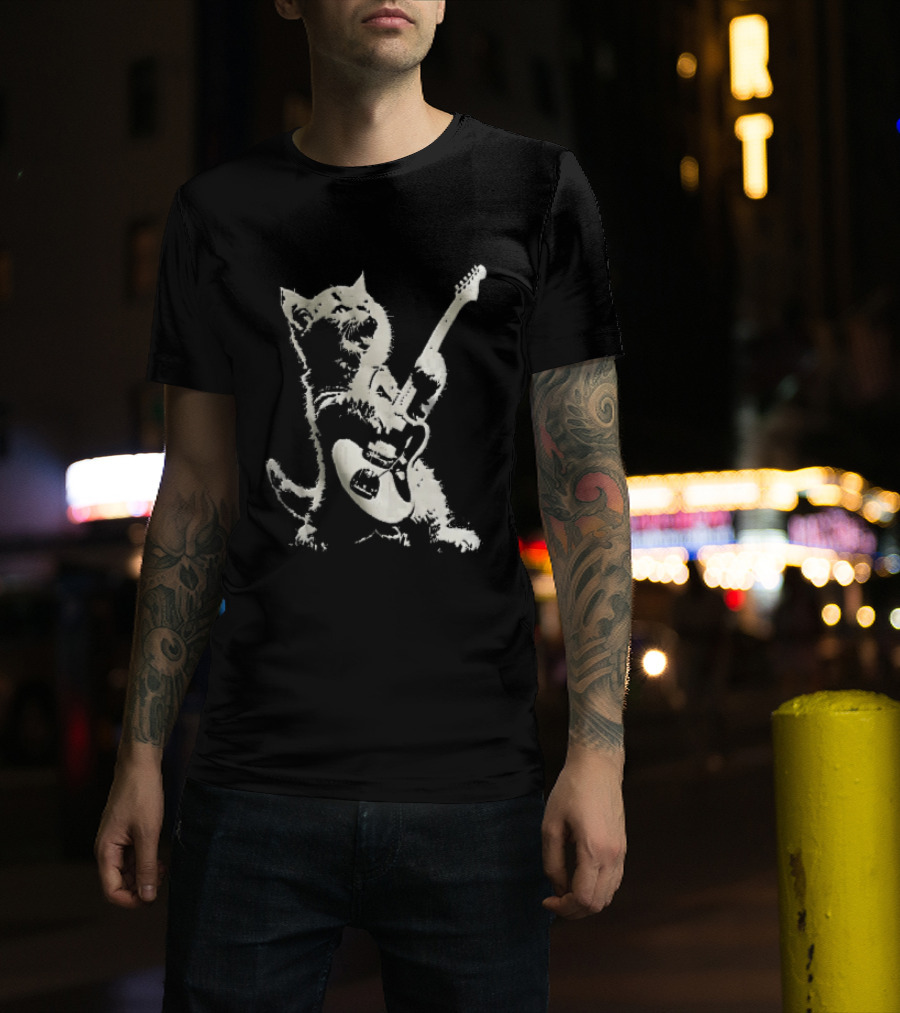 Cat Playing Electric Guitar Rocker Meowing Stencil Splatter Black And White T-Shirt