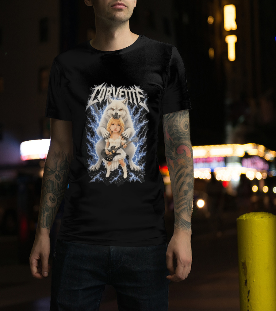 Corvette Chibi Blonde With Electric Guitar White Wolf And Lightning Heavy Metal T-Shirt