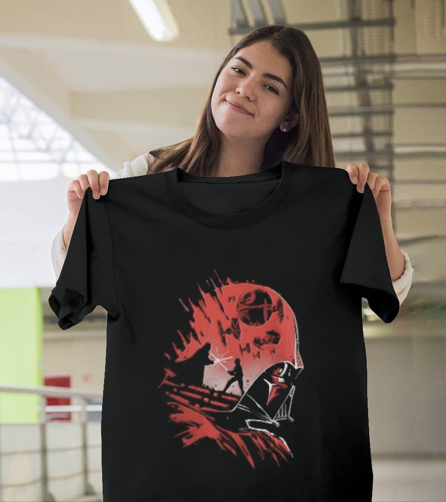 Darth Vader Luke Skywalker Lightsaber Duel Death Star TIE Fighters Red Stencil T-Shirt