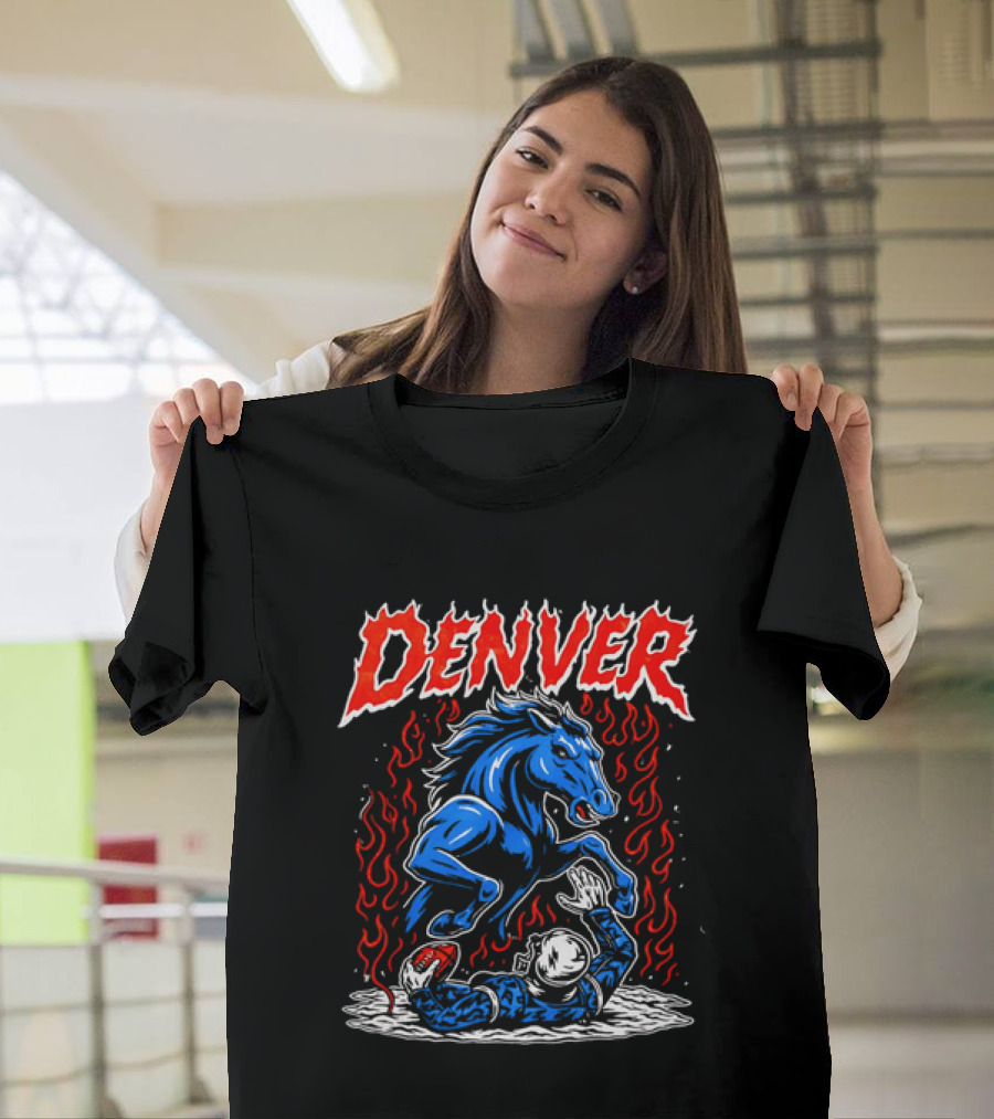 Denver Broncos Blue Horse Fire Football Player Flame T-Shirt