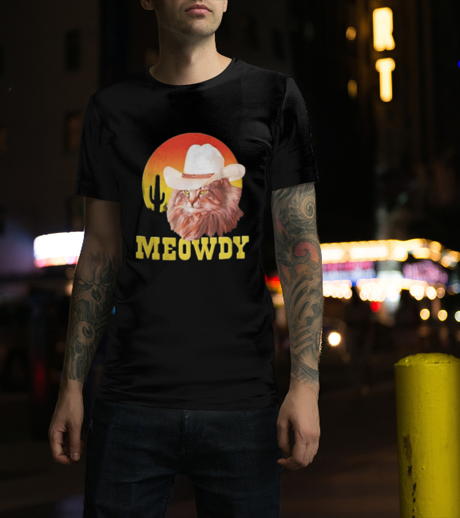 Meowdy Cowboy Cat In White Hat With Sunset And Cactus T-Shirt