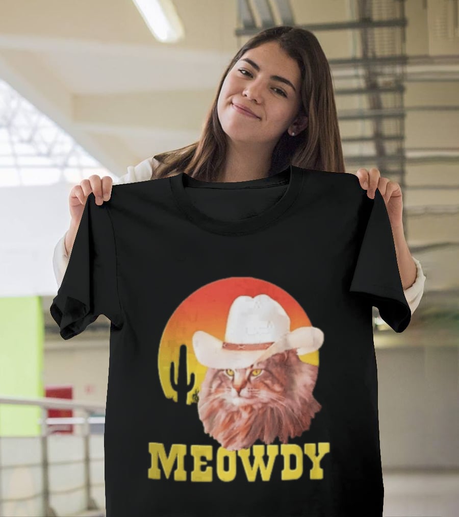 Meowdy Cowboy Cat In White Hat With Sunset And Cactus T-Shirt