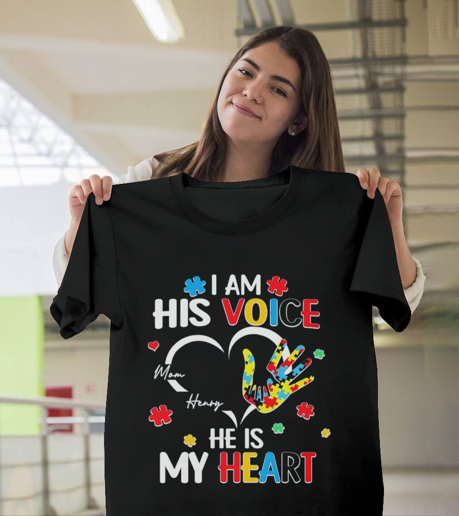 I Am His Voice He Is My Heart Autism Awareness Mom Henry Puzzle Pieces T-Shirt
