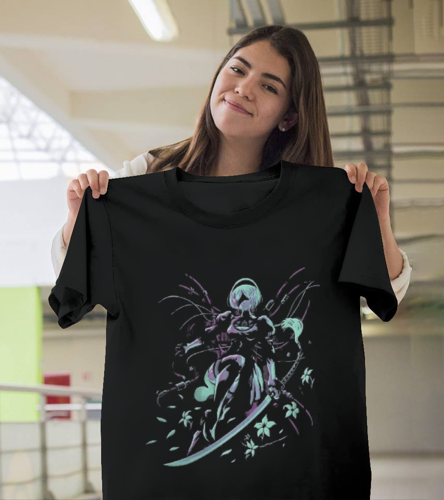 NieR Automata 2B With Pastel Sword And Flower Motif T-Shirt