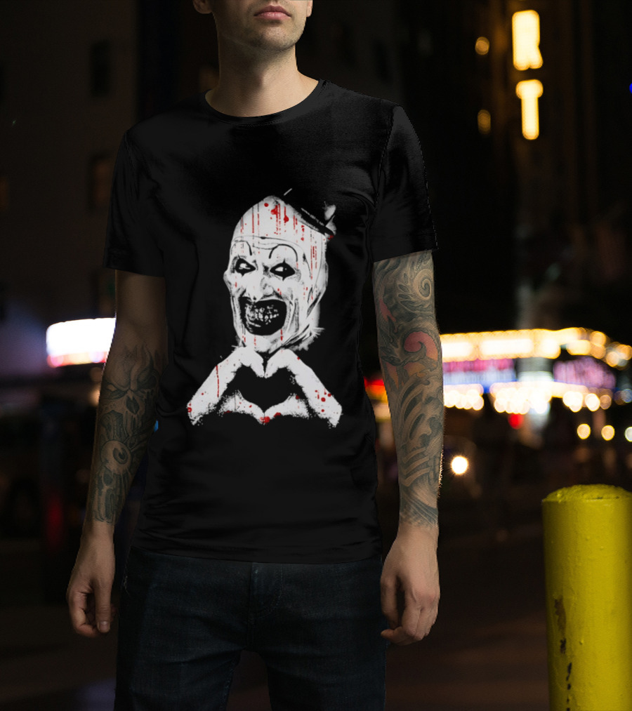 Terrifying Clown With Creepy Heart Hands And Bloody Accents T-Shirt