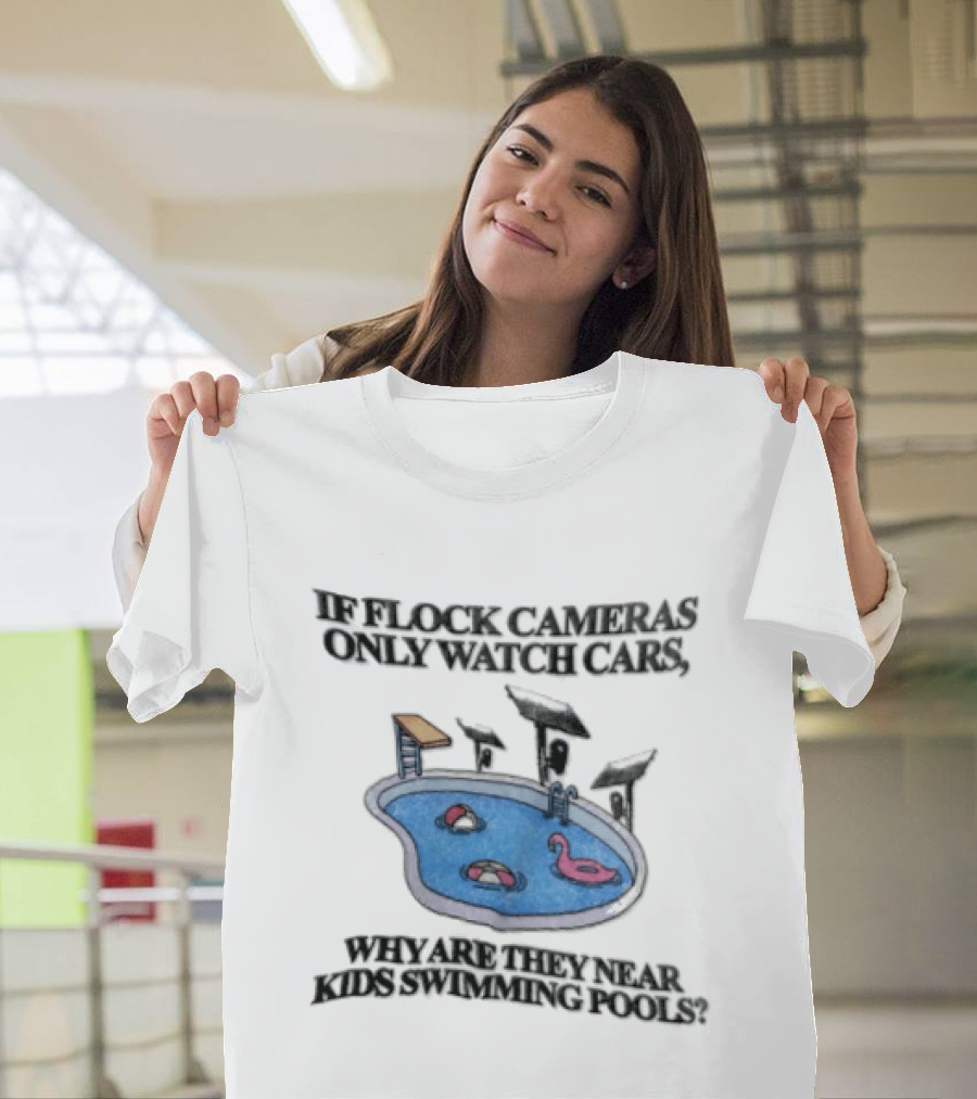 Flock Cameras Cars Near Swimming Pools Pink Flamingo Float Solar Panels Cartoon T-Shirt