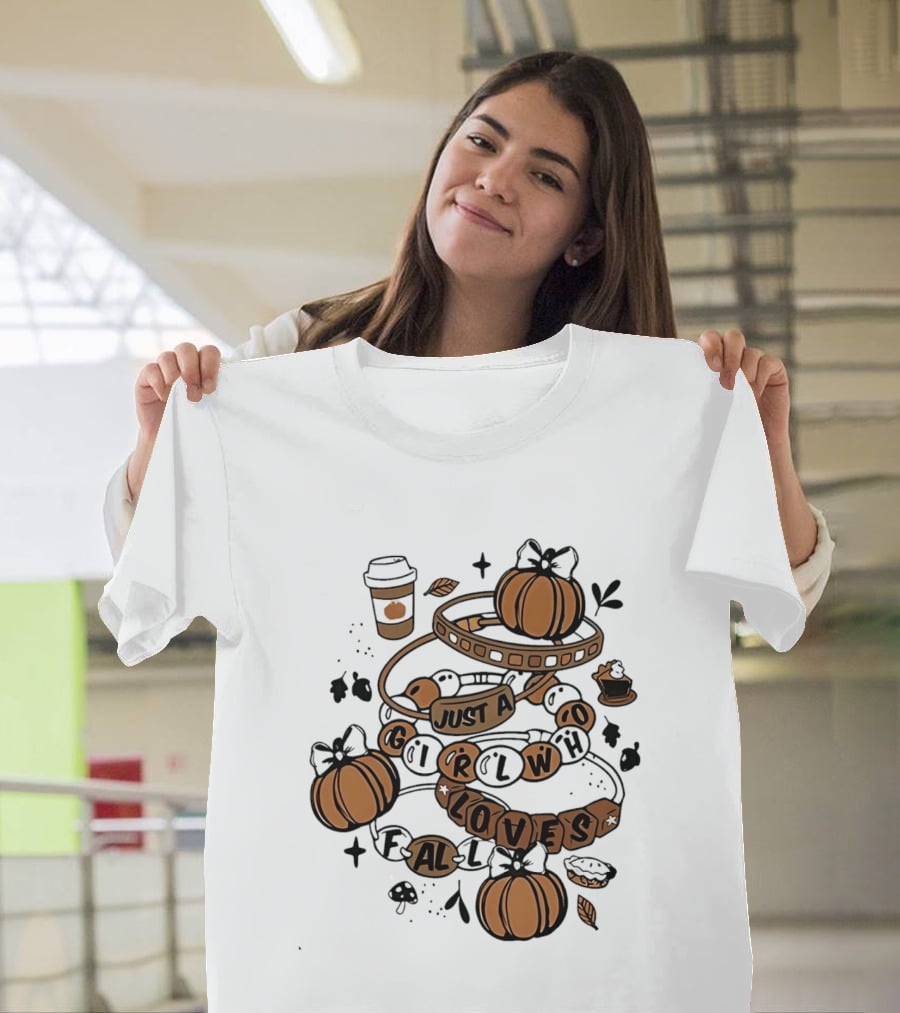 Just A Girl Who Loves Fall With Pumpkins And Coffee Cup T-Shirt
