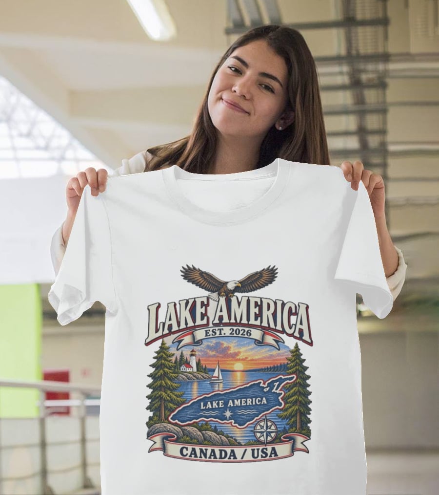 Lake America Est. 2026 Great Lakes Canada USA Scenic Sunset Eagle Sailboat T-Shirt