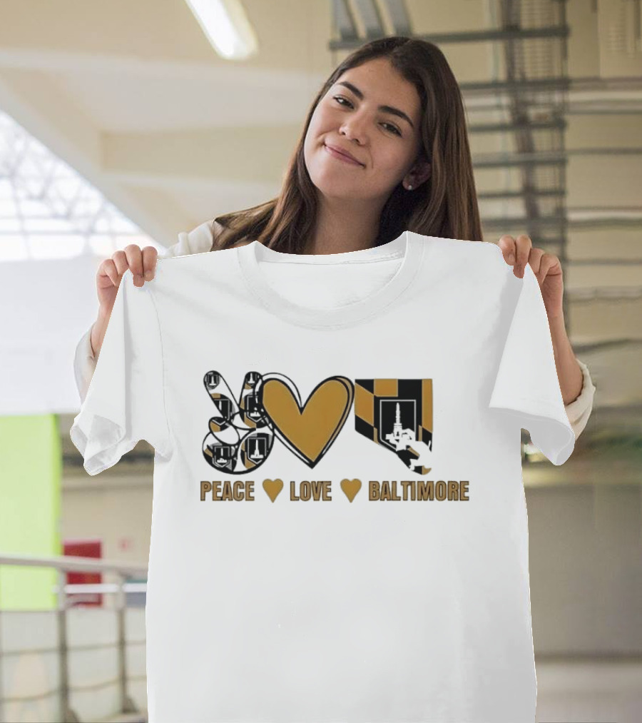 Peace Love Baltimore Gold Maryland Flag City Monument T-Shirt