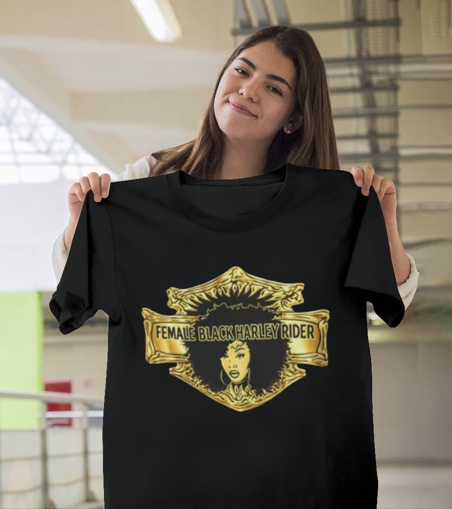 Female Black Harley Rider Gold Ornate Shield Afro T-Shirt