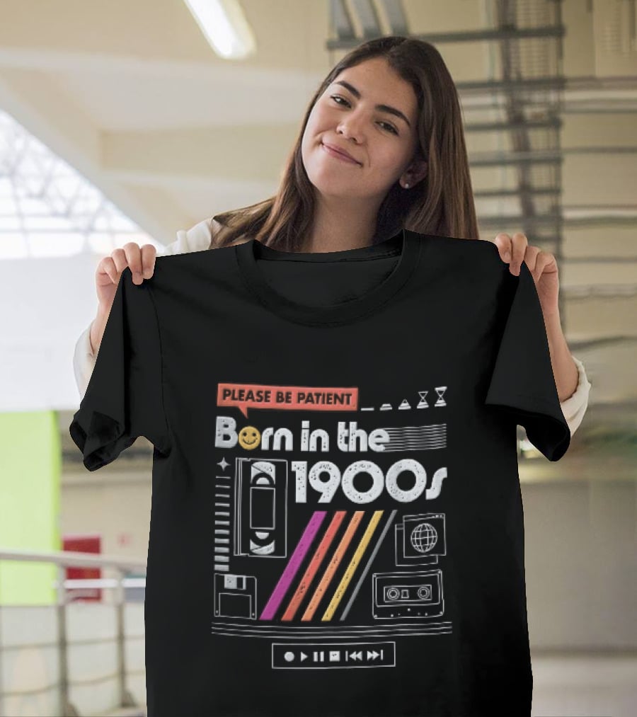 Please Be Patient Born In The 1900s VHS Tape Cassette Floppy Disk Colorful Stripes Retro Technology T-Shirt