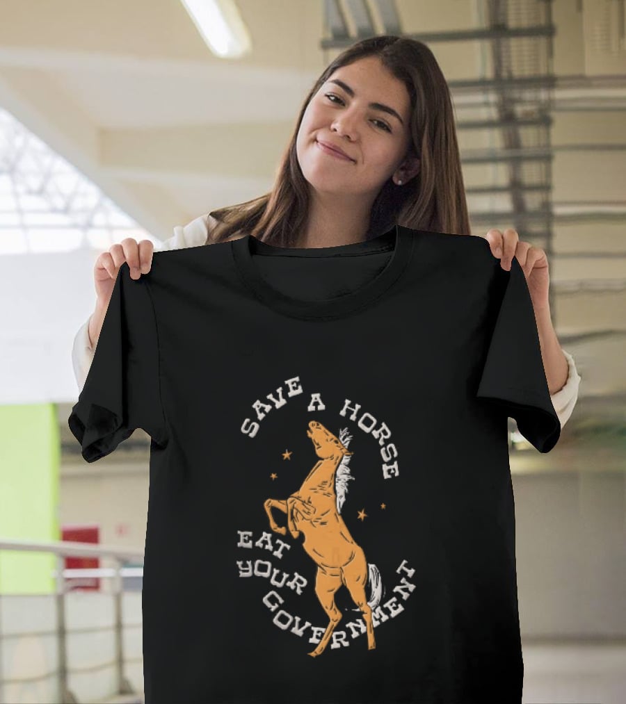 Save A Horse Eat Your Government Rearing Orange Stallion Woodcut Stars T-Shirt