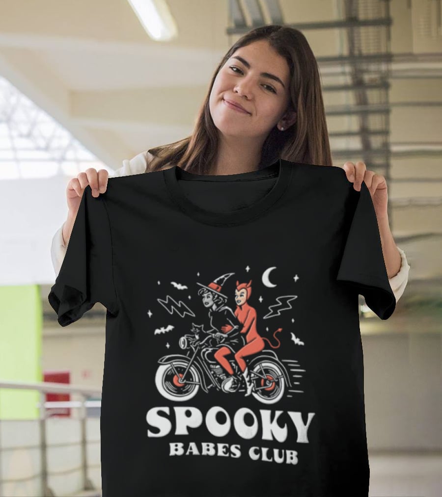 Spooky Babes Club Halloween Witch And Devil Motorcycle Riding T-Shirt
