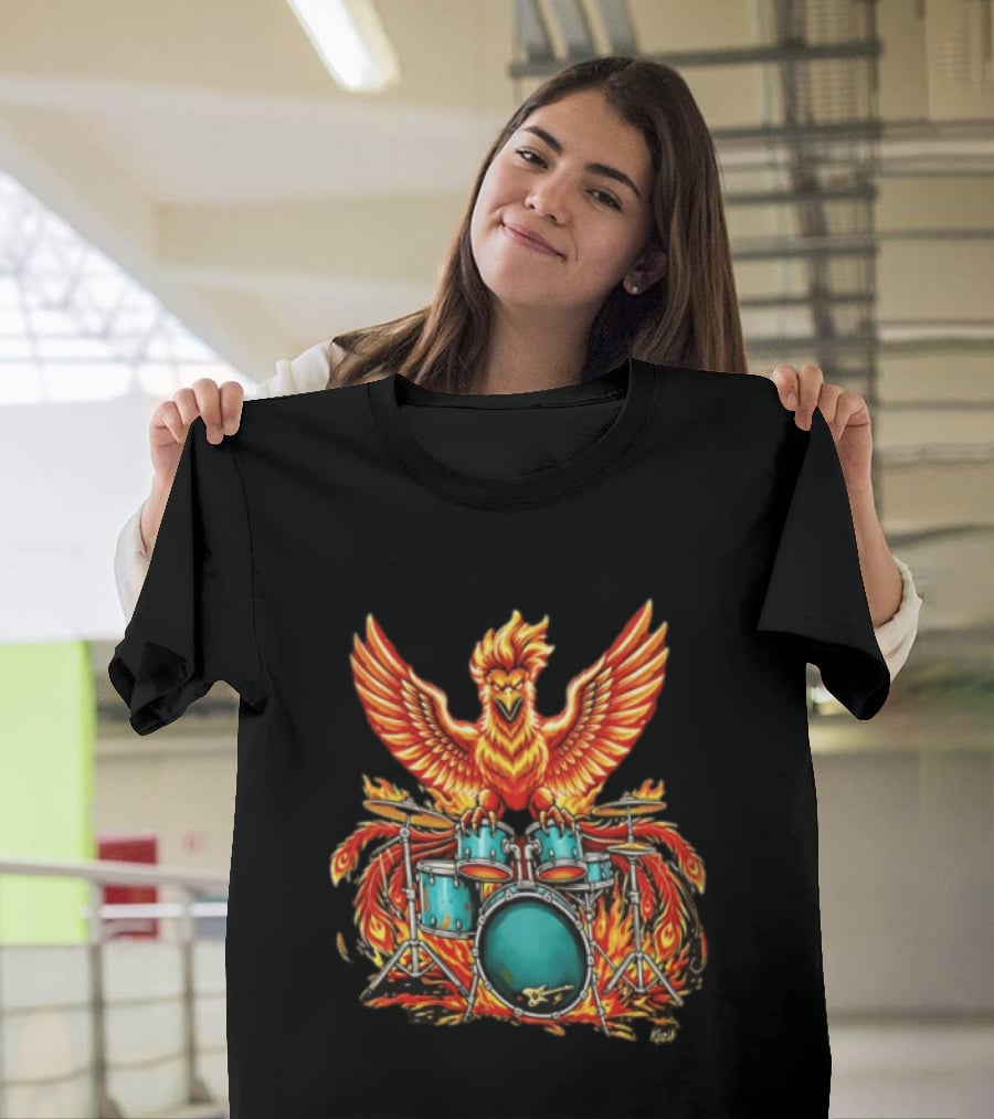 Kozik Phoenix Drummer Rock Drums Fiery Percussion Mythical Bird T-Shirt