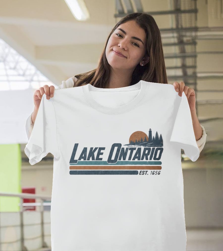 Lake Ontario Established 1956 Vintage Stripe Sunset With Lighthouse And Trees T-Shirt