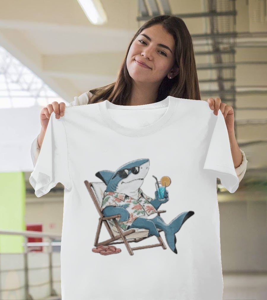 Shark Relaxing In Lounge Chair With Tropical Drink Hawaiian T-Shirt
