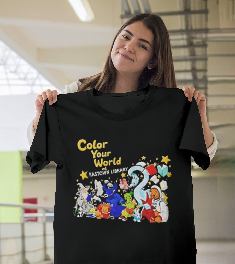 Color Your World At Kastown Library With Reading Books And Vibrant Characters T-Shirt