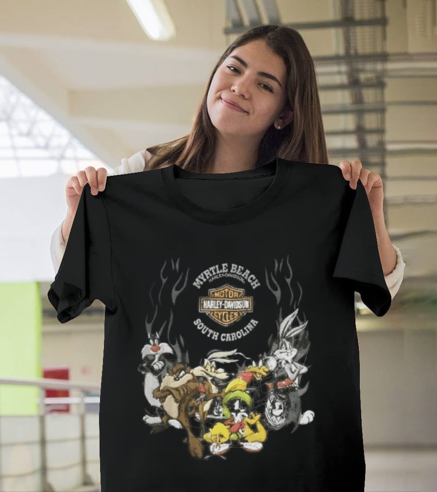 Myrtle Beach Harley Davidson Motor Cycles South Carolina Looney Tunes Bugs Bunny Daffy Duck Taz Sylvester Wile E Coyote T-Shirt