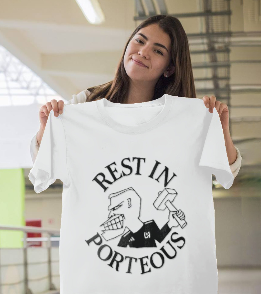 Rest In Porteous Cartoon Caricature Man Holding Hammer T-Shirt