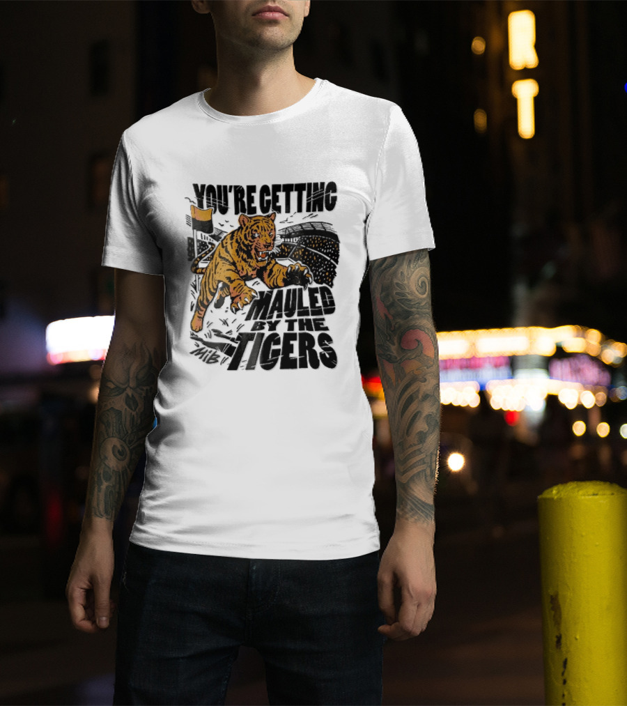 You're Getting Mauled By The Tigers Leaping Aggressive Stadium Crowd Corner Flag Woodcut T-Shirt