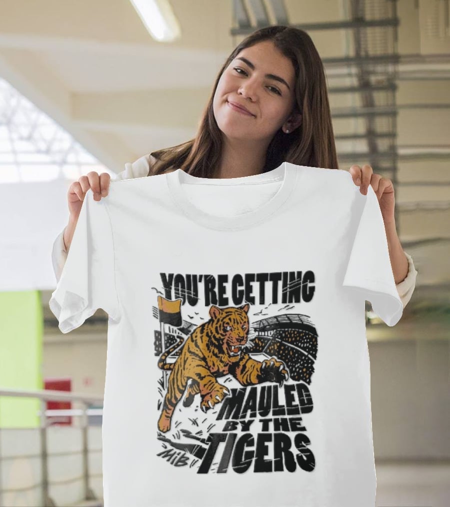 You're Getting Mauled By The Tigers Leaping Aggressive Stadium Crowd Corner Flag Woodcut T-Shirt