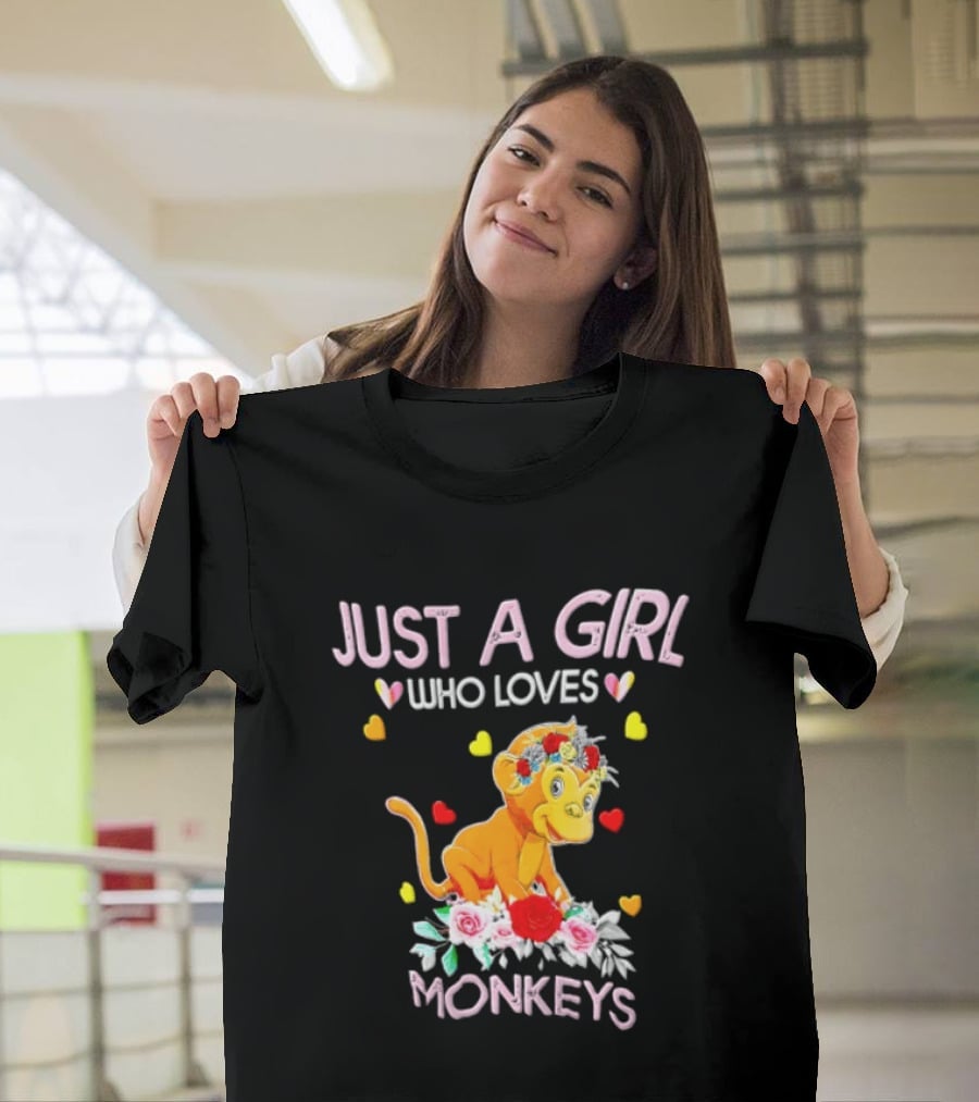 Just A Girl Who Loves Monkeys With Hearts And Flowers T-Shirt