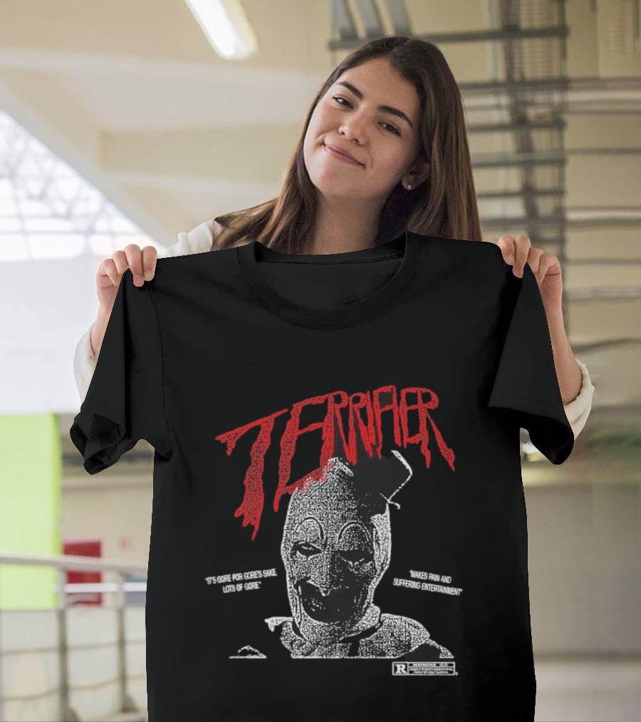 Terrifier Official Art Clown Grim Imagery Horror Cult Video Nsfw Warning T-Shirt
