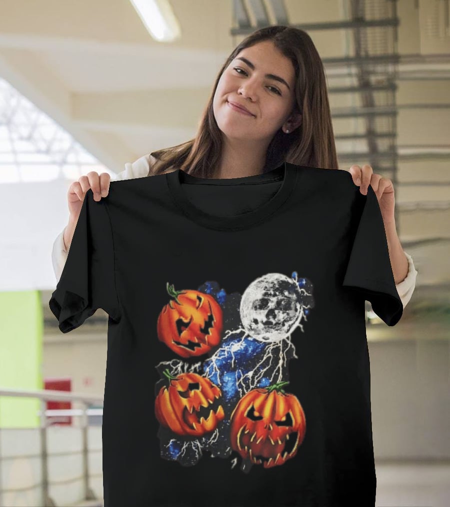 Halloween Pumpkins Skull Moon Lightning T-Shirt