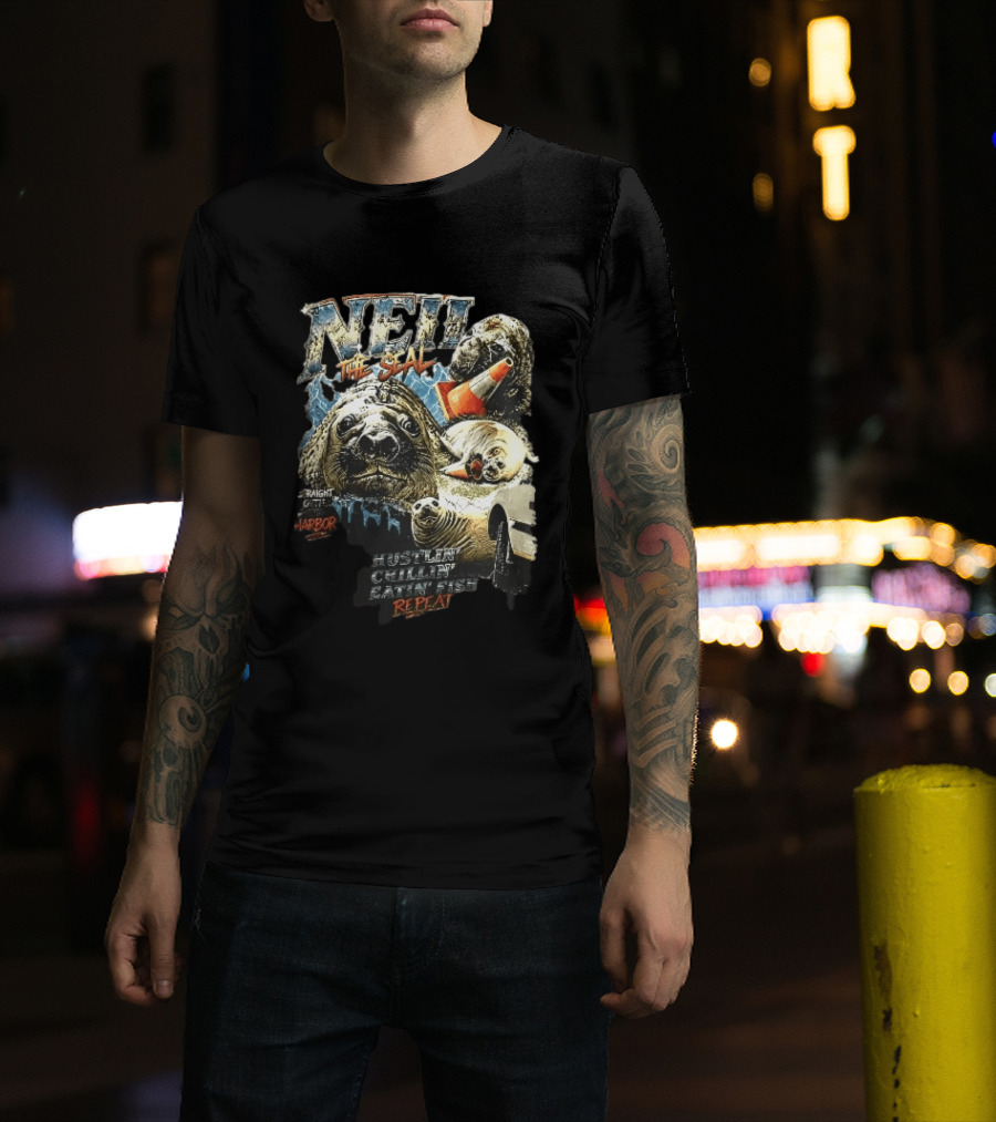 Neil The Seal Hustler Chillin Eating Fish Harbor Animal Warning Cone Repeat T-Shirt